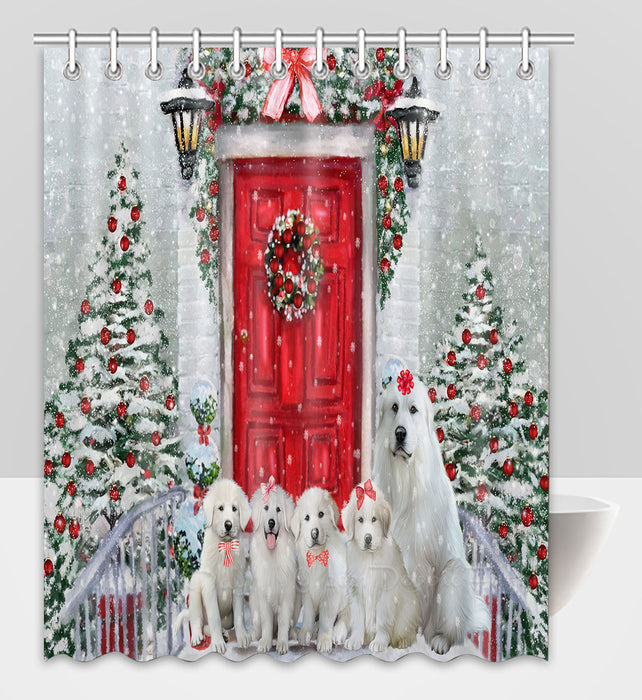 Christmas Holiday Welcome Great Pyrenees Dogs Shower Curtain Pet Painting Bathtub Curtain Waterproof Polyester One-Side Printing Decor Bath Tub Curtain for Bathroom with Hooks