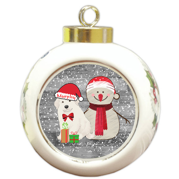 Custom Personalized Snowy Snowman and Great Pyrenee Dog Christmas Round Ball Ornament