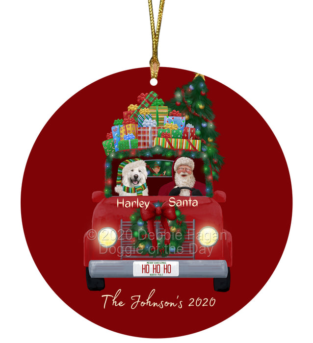 Personalized Christmas Honk Honk Red Truck Here Comes with Santa and Great Pyrenees Dog Round Flat Ornament PRBPOR59081