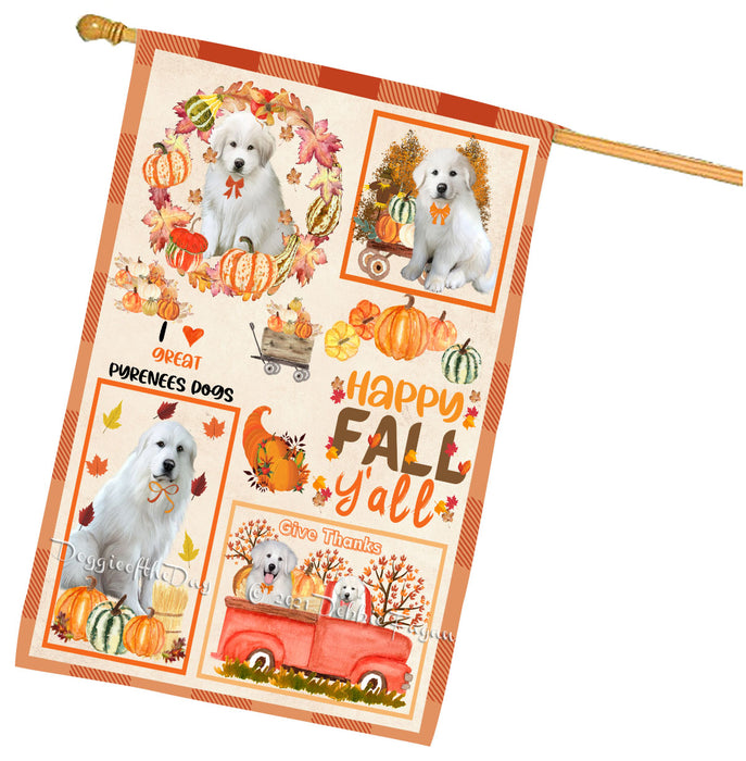 Happy Fall Y'all Pumpkin Great Pyrenees Dogs House Flag Outdoor Decorative Double Sided Pet Portrait Weather Resistant Premium Quality Animal Printed Home Decorative Flags 100% Polyester
