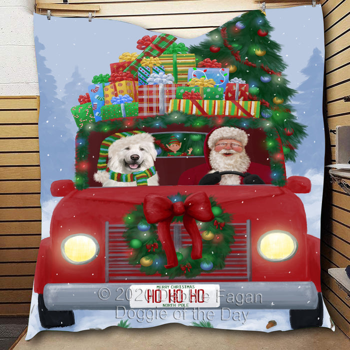 Christmas Honk Honk Red Truck with Santa and Great Pyrenees Dog Quilt Bed Coverlet Bedspread - Pets Comforter Unique One-side Animal Printing - Soft Lightweight Durable Washable Polyester Quilt