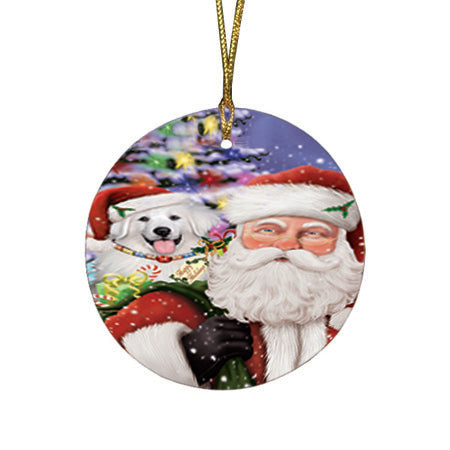 Santa Carrying Great Pyrenees Dog and Christmas Presents Round Flat Christmas Ornament RFPOR53681