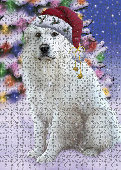 Winterland Wonderland Great Pyrenees Dog In Christmas Holiday Scenic Background Puzzle with Photo Tin PUZL82188