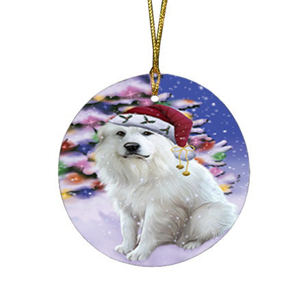 Winterland Wonderland Great Pyrenees Dog In Christmas Holiday Scenic Background Round Flat Christmas Ornament RFPOR53749
