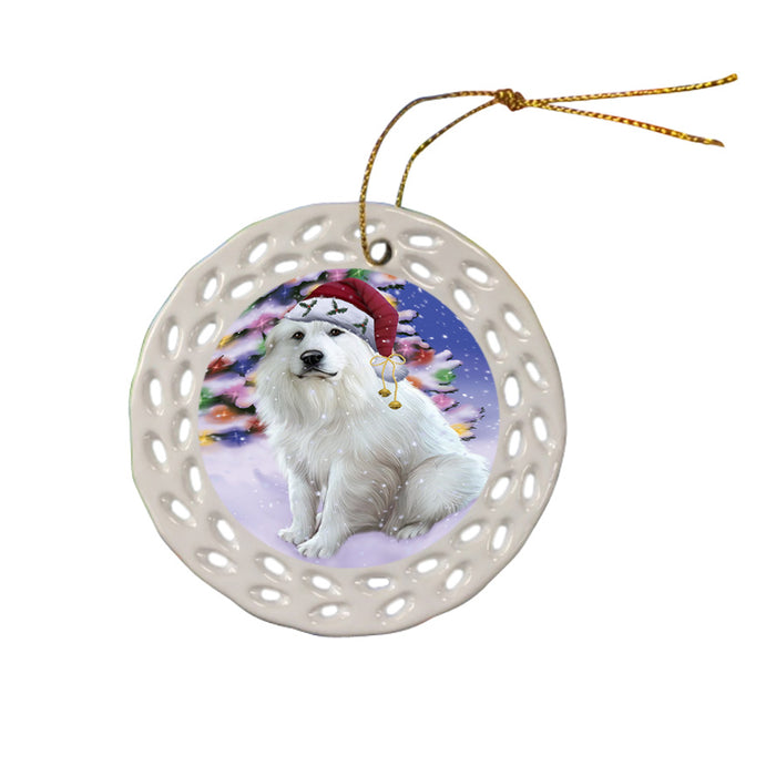 Winterland Wonderland Great Pyrenees Dog In Christmas Holiday Scenic Background Ceramic Doily Ornament DPOR53758