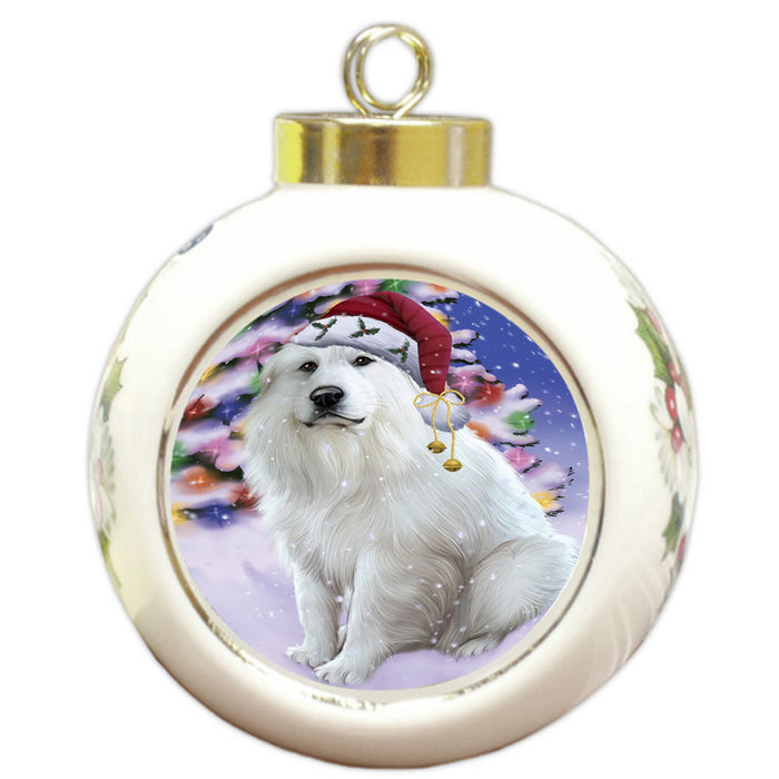 Winterland Wonderland Great Pyrenees Dog In Christmas Holiday Scenic Background Round Ball Christmas Ornament RBPOR53758
