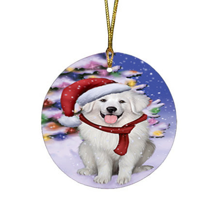 Winterland Wonderland Great Pyrenees Dog In Christmas Holiday Scenic Background Round Flat Christmas Ornament RFPOR53750