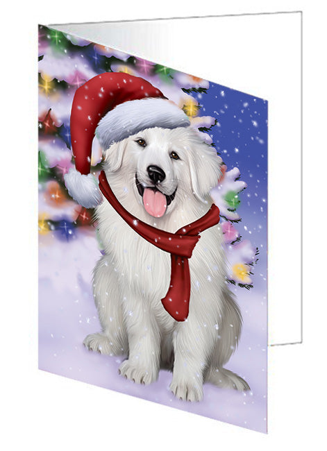 Winterland Wonderland Great Pyrenees Dog In Christmas Holiday Scenic Background Handmade Artwork Assorted Pets Greeting Cards and Note Cards with Envelopes for All Occasions and Holiday Seasons GCD65306