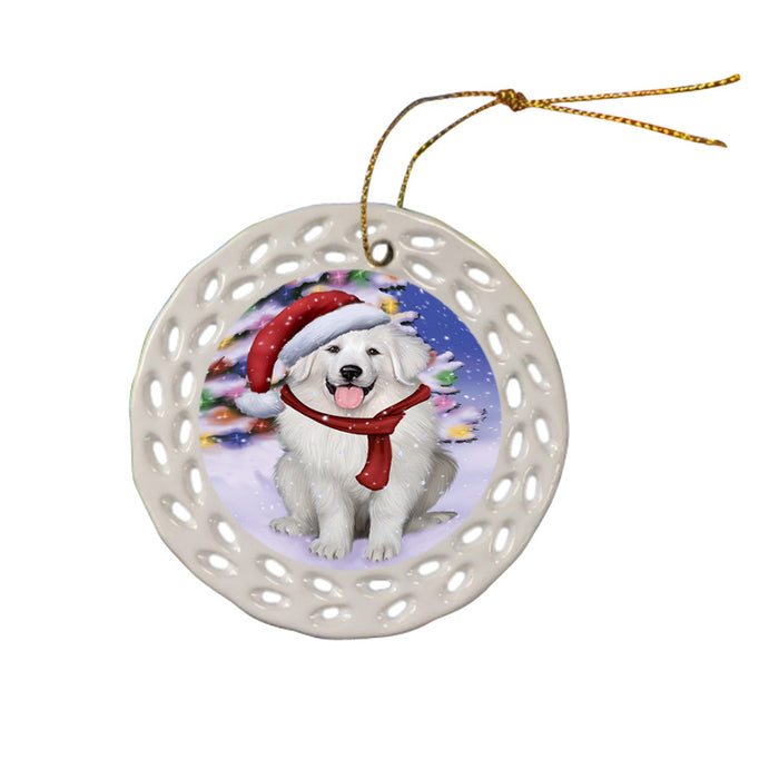 Winterland Wonderland Great Pyrenees Dog In Christmas Holiday Scenic Background Ceramic Doily Ornament DPOR53759