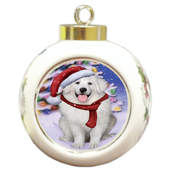 Winterland Wonderland Great Pyrenees Dog In Christmas Holiday Scenic Background Round Ball Christmas Ornament RBPOR53759