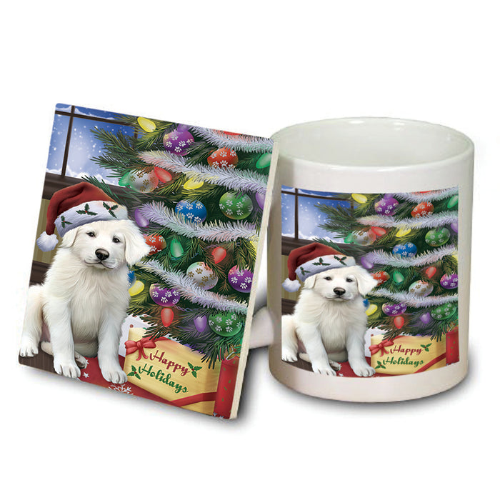 Christmas Happy Holidays Great Pyrenees Dog with Tree and Presents Mug and Coaster Set MUC53451