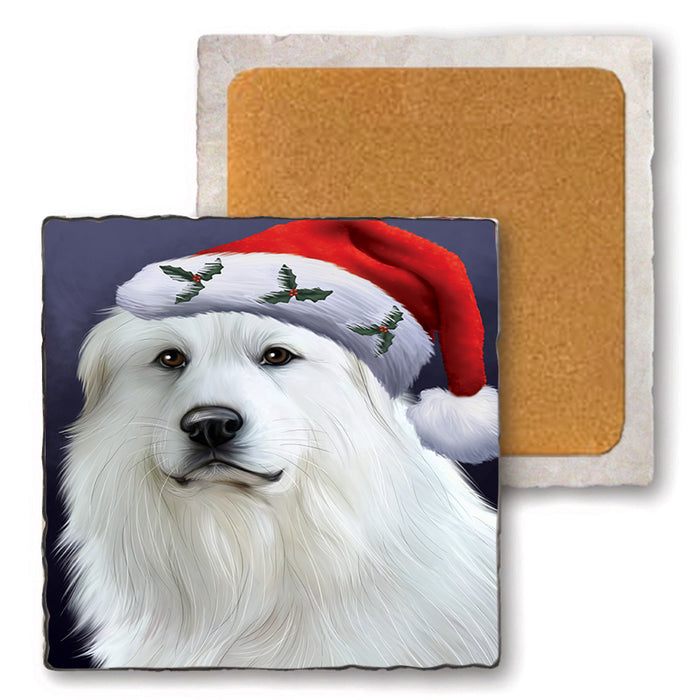 Christmas Holidays Great Pyrenees Dog Wearing Santa Hat Portrait Head Set of 4 Natural Stone Marble Tile Coasters MCST48497