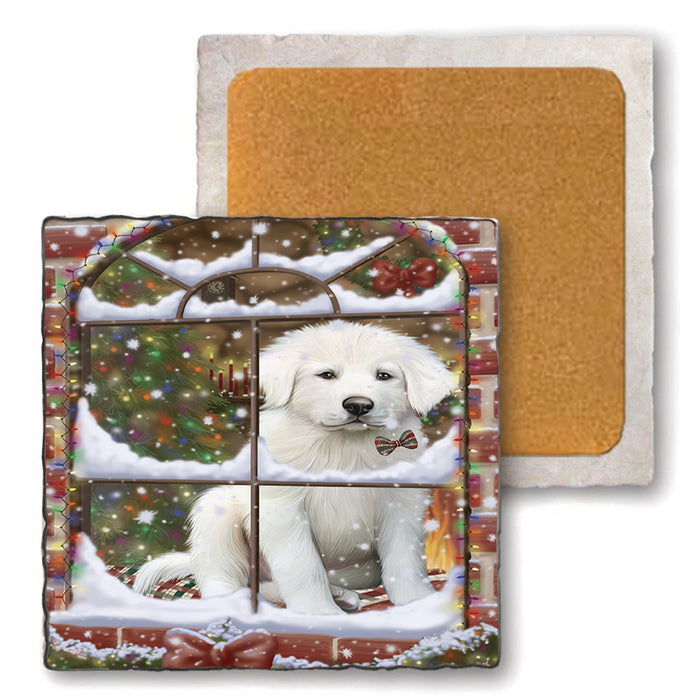 Please Come Home For Christmas Great Pyrenees Dog Sitting In Window Set of 4 Natural Stone Marble Tile Coasters MCST48633