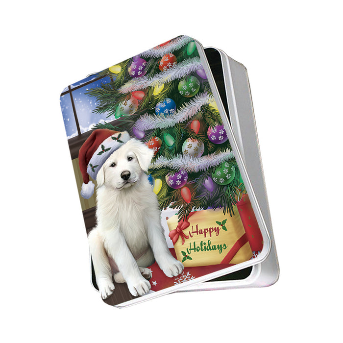 Christmas Happy Holidays Great Pyrenees Dog with Tree and Presents Photo Storage Tin PITN53459