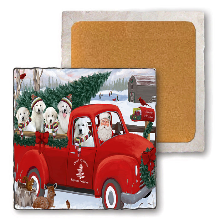 Christmas Santa Express Delivery Great Pyrenees Dog Family Set of 4 Natural Stone Marble Tile Coasters MCST50040