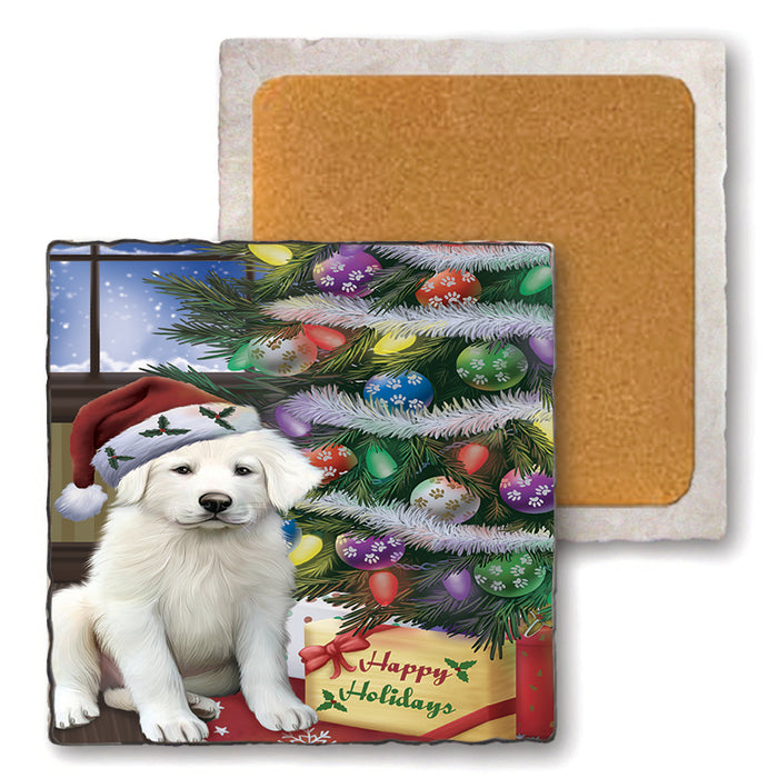 Christmas Happy Holidays Great Pyrenees Dog with Tree and Presents Set of 4 Natural Stone Marble Tile Coasters MCST48459