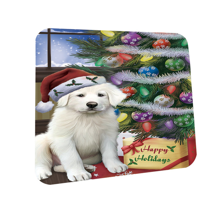 Christmas Happy Holidays Great Pyrenees Dog with Tree and Presents Coasters Set of 4 CST53417