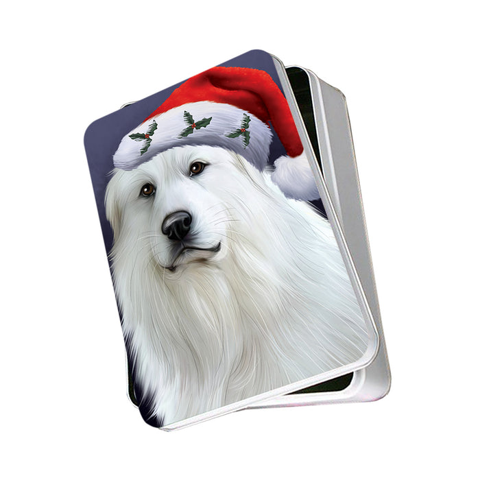 Christmas Holidays Great Pyrenees Dog Wearing Santa Hat Portrait Head Photo Storage Tin PITN53497