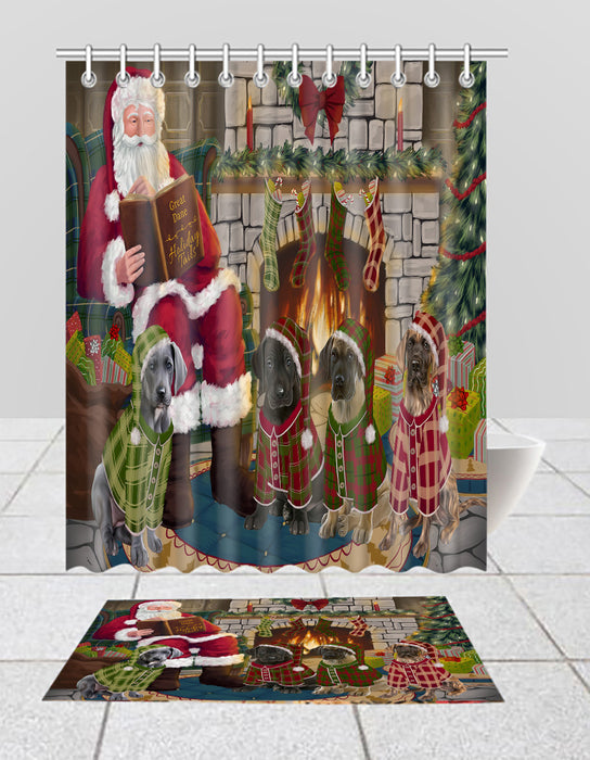 Christmas Cozy Holiday Fire Tails Great Dane Dogs Bath Mat and Shower Curtain Combo