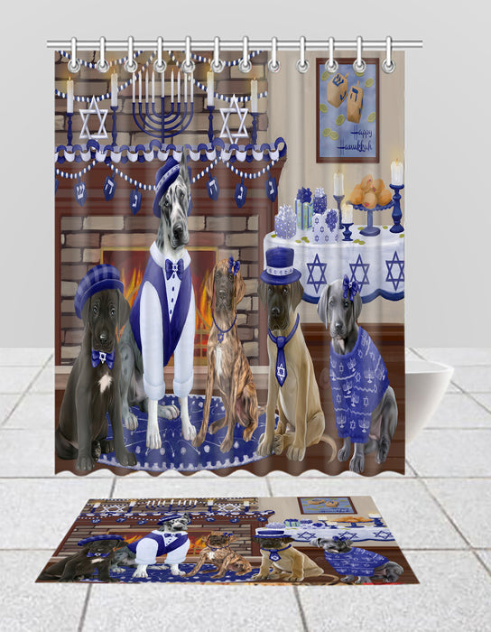 Happy Hanukkah Family Great Dane Dogs Bath Mat and Shower Curtain Combo