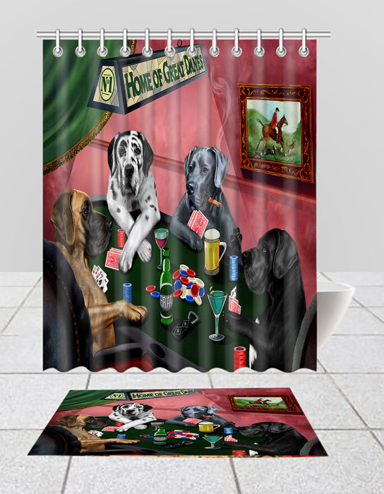 Home of  Great Dane Dogs Playing Poker Bath Mat and Shower Curtain Combo