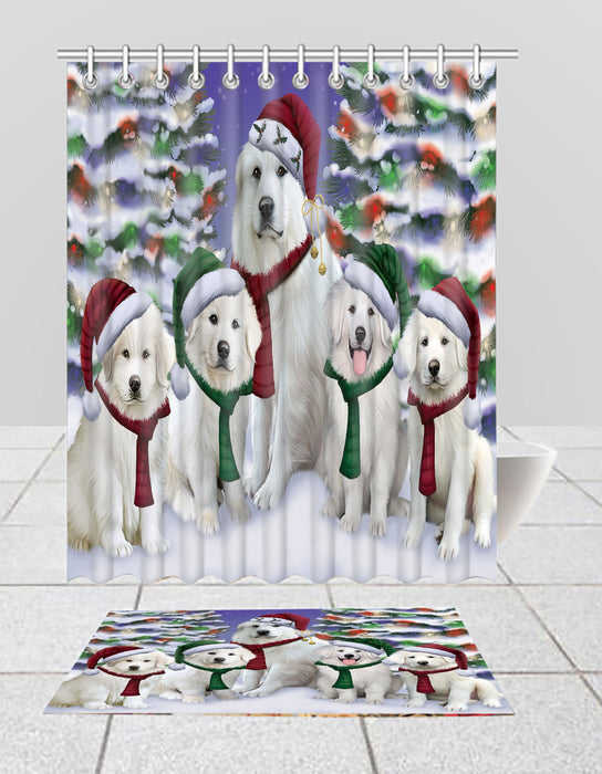 Great Pyrenees Dogs Christmas Family Portrait in Holiday Scenic Background  Bath Mat and Shower Curtain Combo