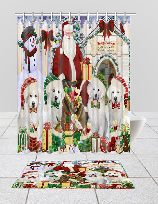 Happy Holidays Christmas Great Pyrenees Dogs House Gathering Bath Mat and Shower Curtain Combo