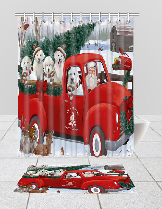 Christmas Santa Express Delivery Red Truck Great Pyrenees Dogs Bath Mat and Shower Curtain Combo