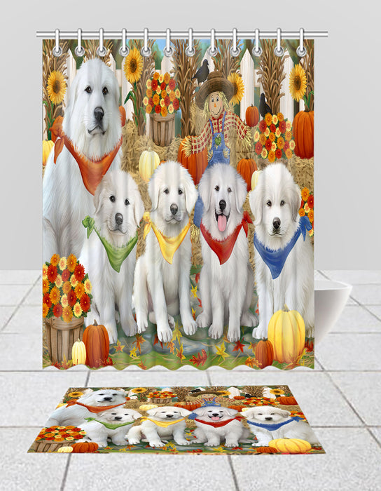 Fall Festive Harvest Time Gathering Great Pyrenees Dogs Bath Mat and Shower Curtain Combo