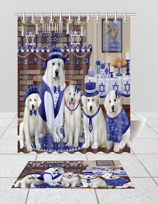 Happy Hanukkah Family Great Pyrenees Dogs Bath Mat and Shower Curtain Combo