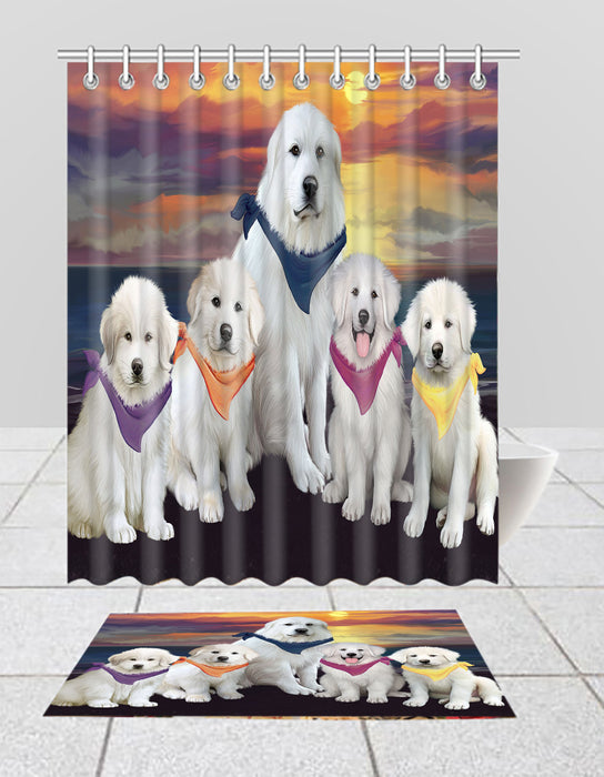 Family Sunset Portrait Great Pyrenees Dogs Bath Mat and Shower Curtain Combo