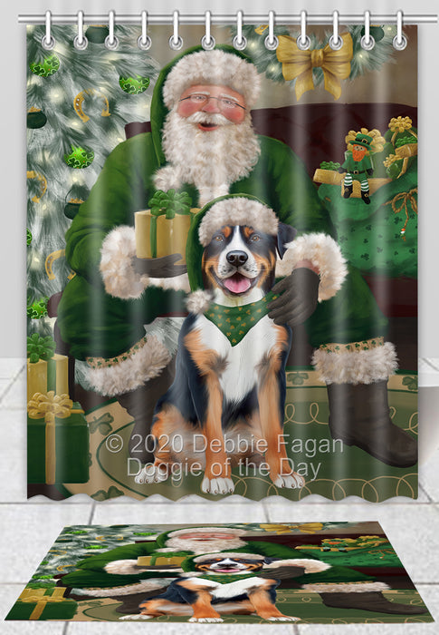 Christmas Irish Santa with Gift Greater Swiss Mountain Dog Bath Mat and Shower Curtain Combo