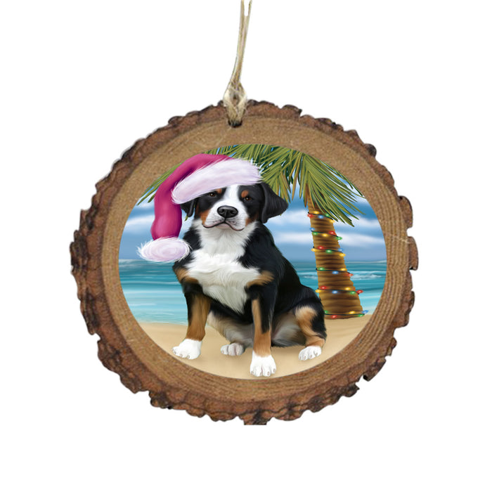 Summertime Happy Holidays Christmas Greater Swiss Mountain Dog on Tropical Island Beach Wooden Christmas Ornament WOR49375