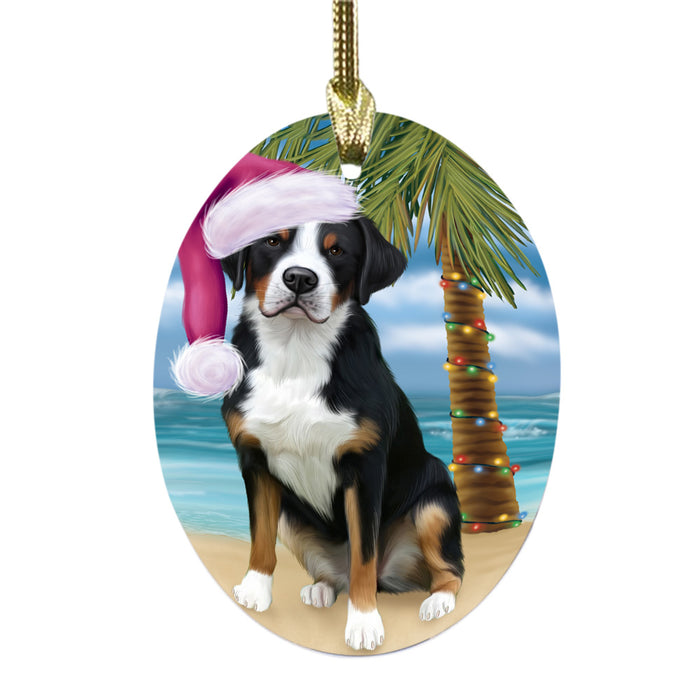 Summertime Happy Holidays Christmas Greater Swiss Mountain Dog on Tropical Island Beach Oval Glass Christmas Ornament OGOR49375