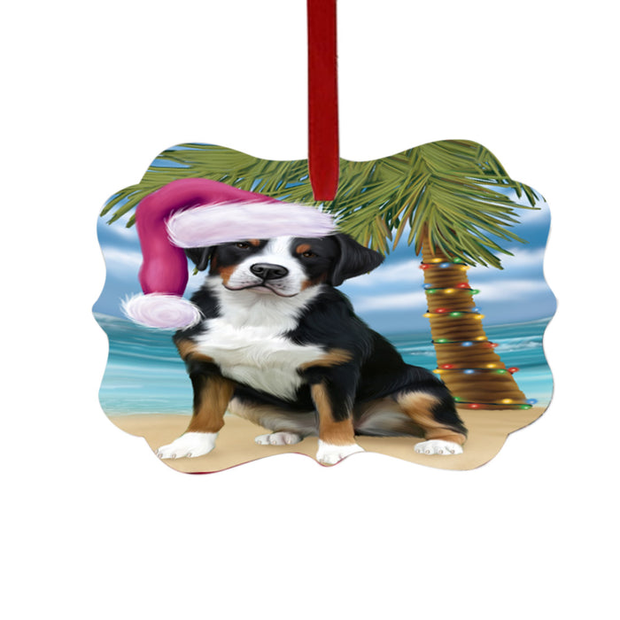 Summertime Happy Holidays Christmas Greater Swiss Mountain Dog on Tropical Island Beach Double-Sided Photo Benelux Christmas Ornament LOR49375