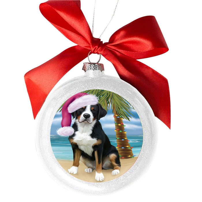 Summertime Happy Holidays Christmas Greater Swiss Mountain Dog on Tropical Island Beach White Round Ball Christmas Ornament WBSOR49375