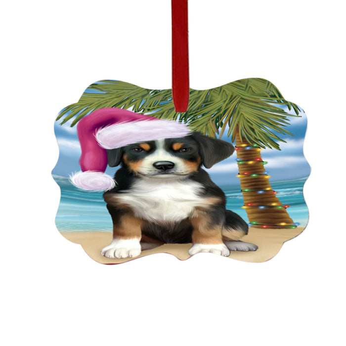 Summertime Happy Holidays Christmas Greater Swiss Mountain Dog on Tropical Island Beach Double-Sided Photo Benelux Christmas Ornament LOR49376