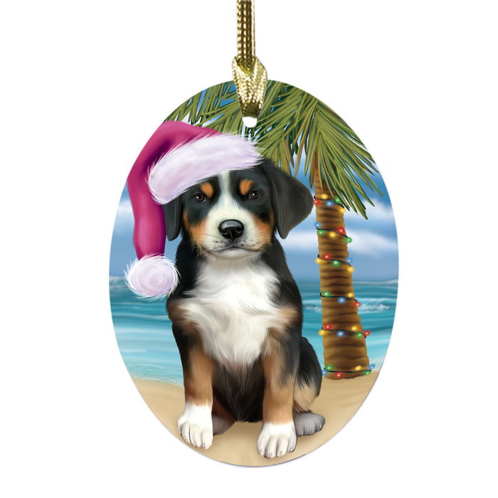 Summertime Happy Holidays Christmas Greater Swiss Mountain Dog on Tropical Island Beach Oval Glass Christmas Ornament OGOR49376