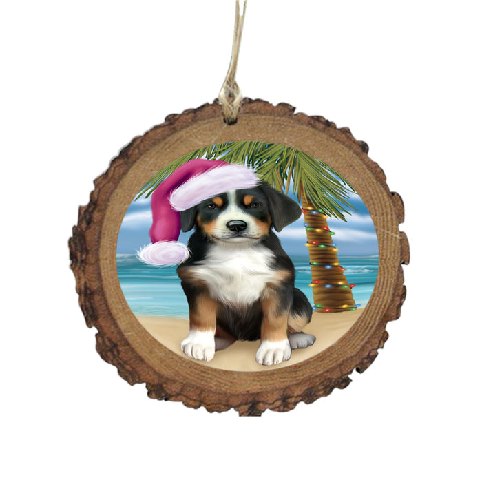 Summertime Happy Holidays Christmas Greater Swiss Mountain Dog on Tropical Island Beach Wooden Christmas Ornament WOR49376
