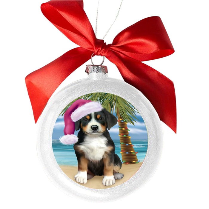 Summertime Happy Holidays Christmas Greater Swiss Mountain Dog on Tropical Island Beach White Round Ball Christmas Ornament WBSOR49376