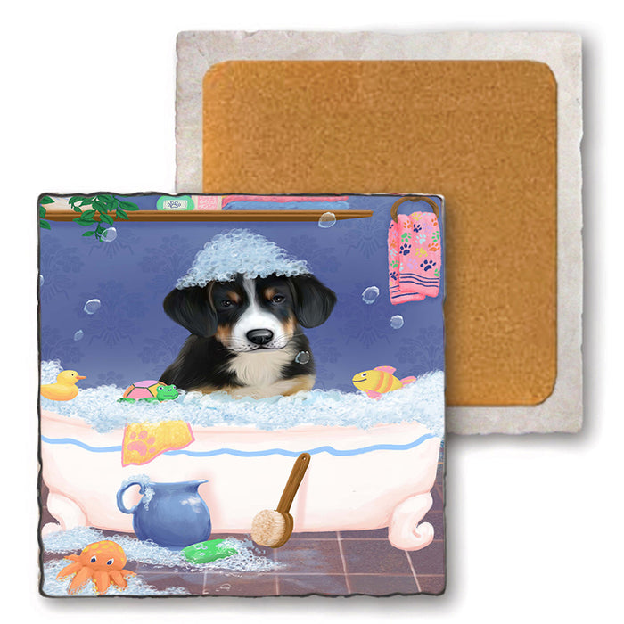 Rub A Dub Dog In A Tub Greater Swiss Mountain Dog Set of 4 Natural Stone Marble Tile Coasters MCST52380