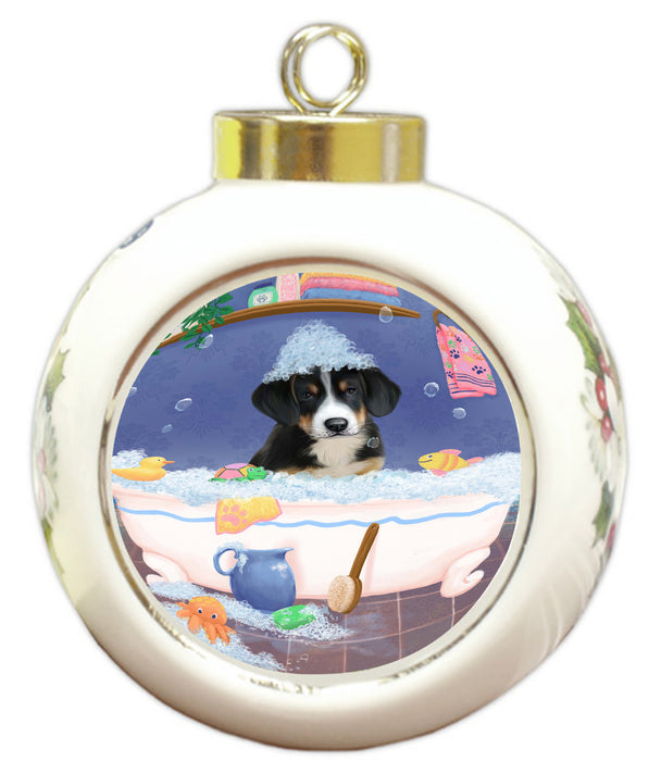 Rub A Dub Dog In A Tub Greater Swiss Mountain Dog Round Ball Christmas Ornament RBPOR58604