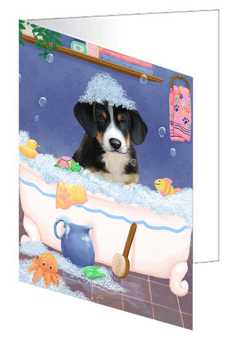 Rub A Dub Dog In A Tub Greater Swiss Mountain Dog Handmade Artwork Assorted Pets Greeting Cards and Note Cards with Envelopes for All Occasions and Holiday Seasons GCD79454