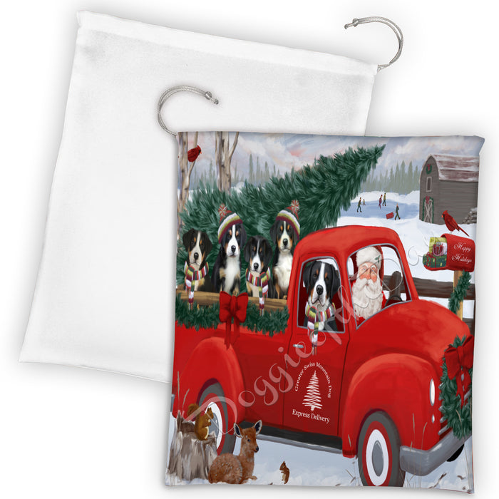 Christmas Santa Express Delivery Red Truck Greater Swiss Mountain Dogs Drawstring Laundry or Gift Bag LGB48313