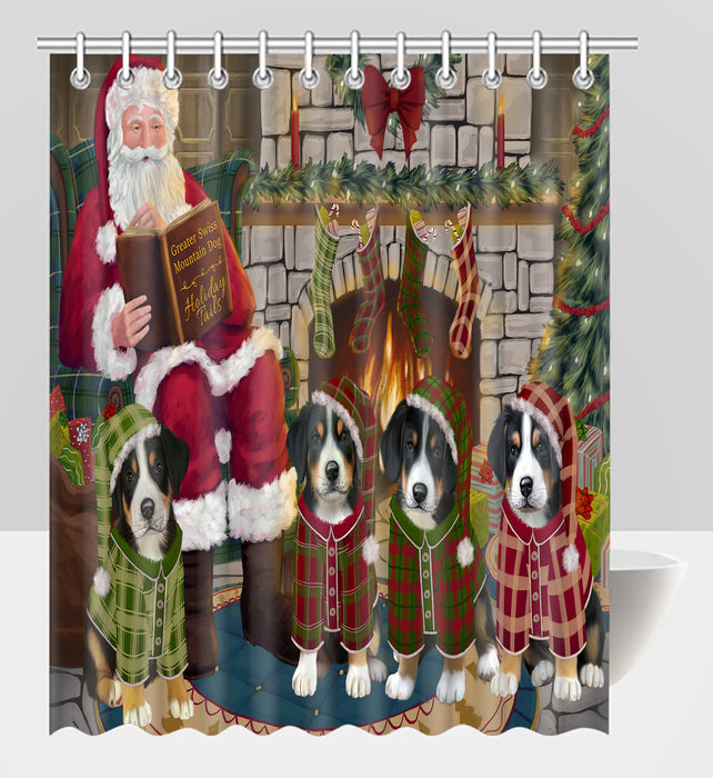 Christmas Cozy Holiday Fire Tails Greater Swiss Mountain Dogs Shower Curtain