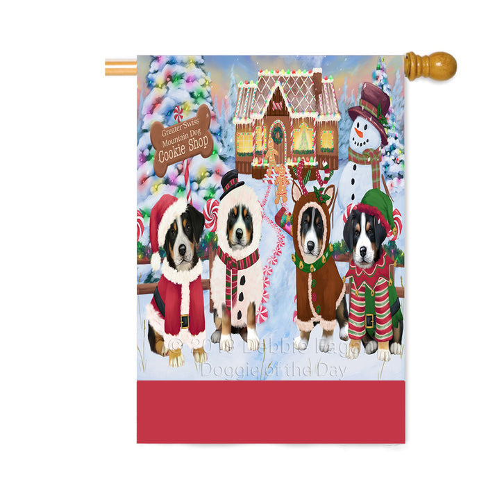 Personalized Holiday Gingerbread Cookie Shop Greater Swiss Mountain Dogs Custom House Flag FLG-DOTD-A59266