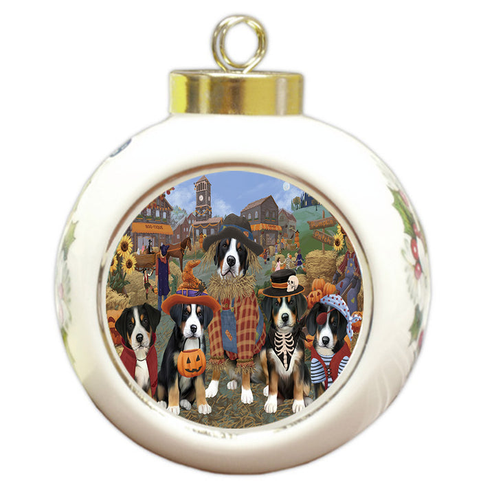 Halloween 'Round Town And Fall Pumpkin Scarecrow Both Greater Swiss Mountain Dogs Round Ball Christmas Ornament RBPOR57406