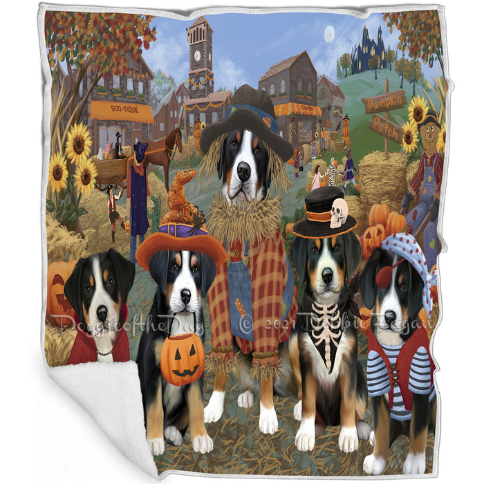 Halloween 'Round Town And Fall Pumpkin Scarecrow Both Greater Swiss Mountain Dogs Blanket BLNKT138980