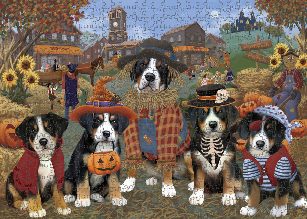 Halloween 'Round Town And Fall Pumpkin Scarecrow Both Greater Swiss Mountain Dogs Puzzle with Photo Tin PUZL96316