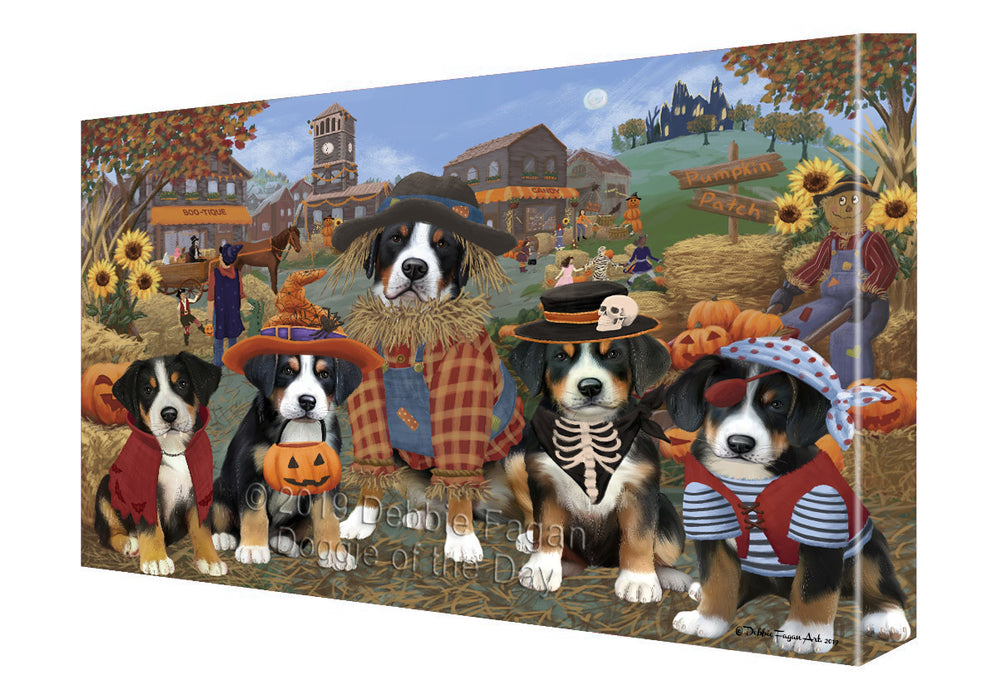 Halloween 'Round Town And Fall Pumpkin Scarecrow Both Greater Swiss Mountain Dogs Canvas Print Wall Art Décor CVS139607